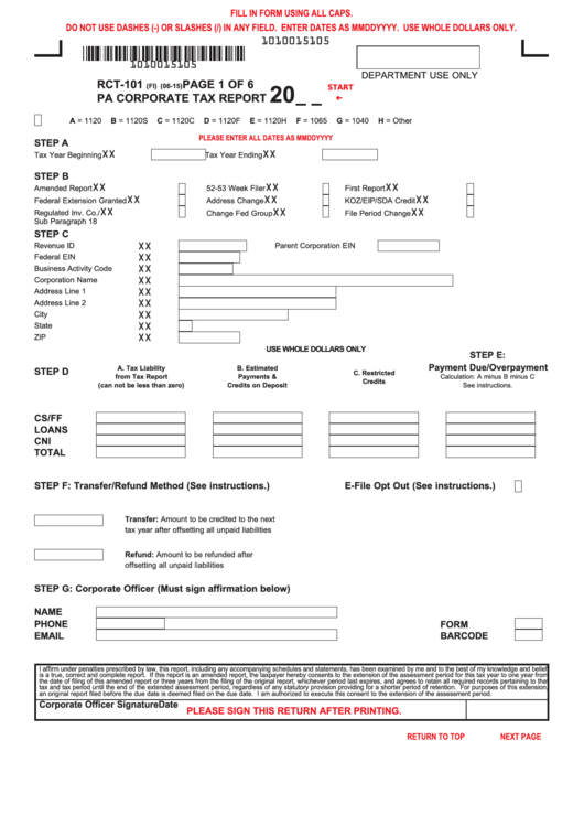 Fillable Form Rct-101 - Pa Corporate Tax Report Printable pdf