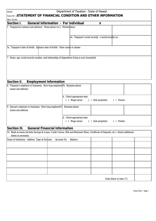 Form Cm-2 - Hawaii Statement Of Financial Condition And Other Information Printable pdf