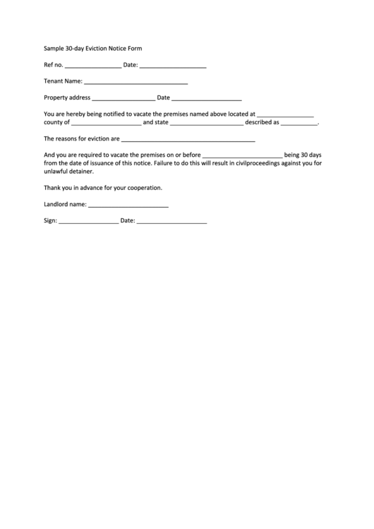 Sample 30-Day Eviction Notice Form Template Printable pdf