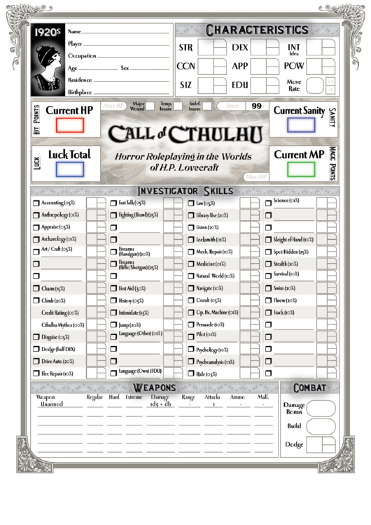 Fillable 1920s Call Of Cthulhu Character Sheet Printable pdf