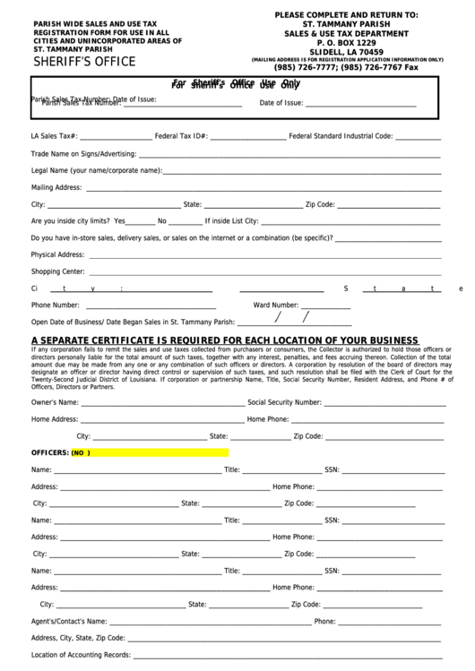 Fillable Parish Wide Sales And Use Tax Registration Form For Use In All Cities And Unincorporated Areas Of St. Tammany Parish Printable pdf
