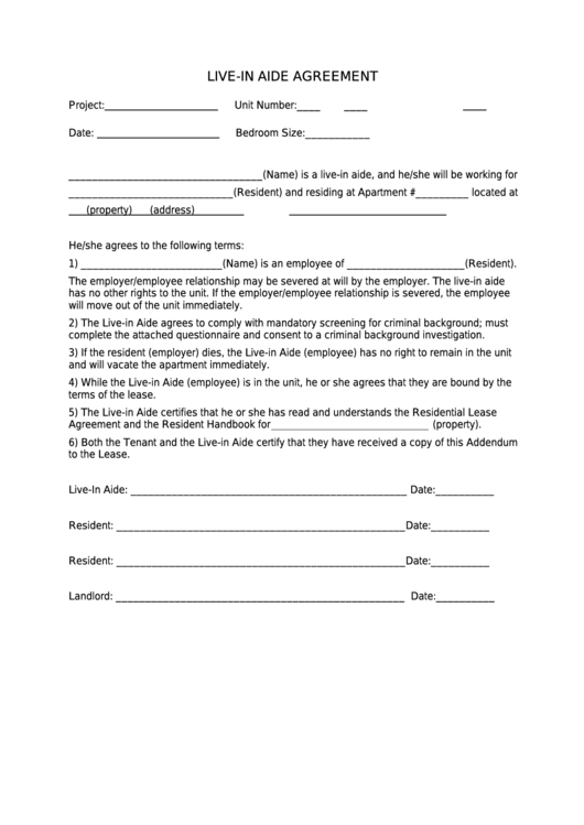 Live-In Aide Agreement Printable pdf