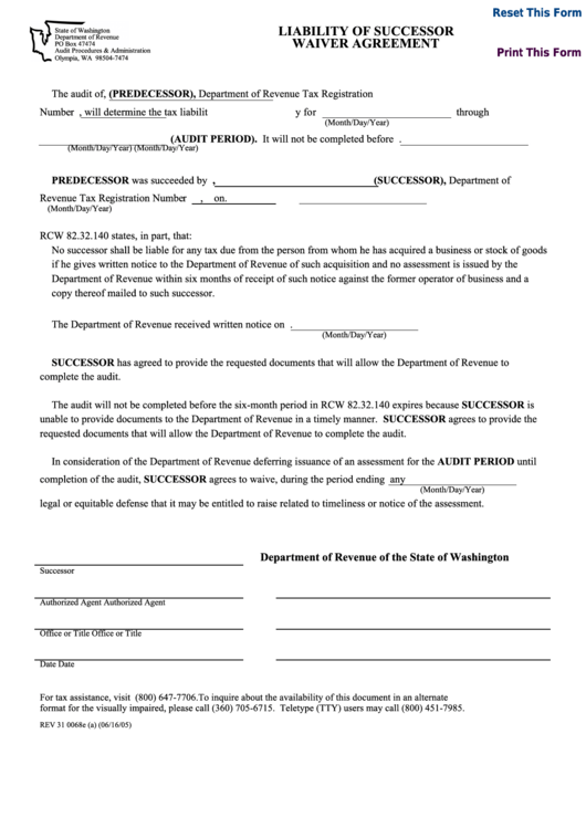 Fillable Form Rev 31 - Washington Liability Of Successor Waiver Agreement Printable pdf