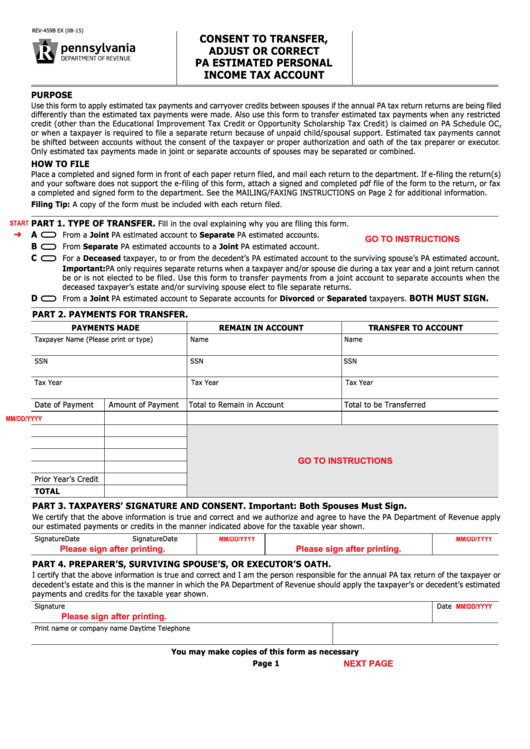 Fillable Form Rev-459b - Pa Consent To Transfer, Adjust Or Correct Pa Estimated Personal Income Tax Account Printable pdf