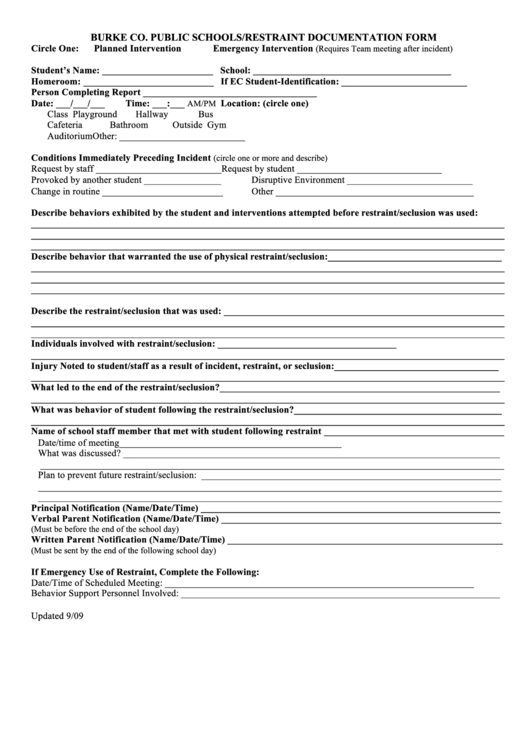 Restraint Documentation Form Printable pdf