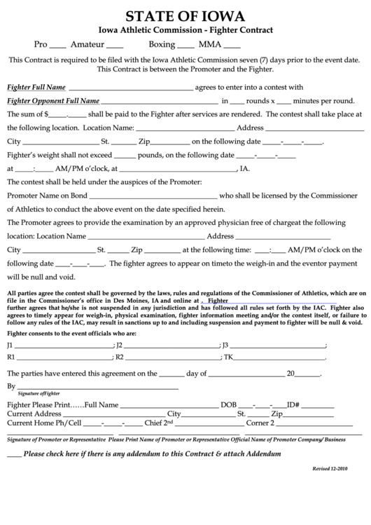 Fillable Fighter Contract Participation Application Form - Iowa Athletic Commission Printable pdf