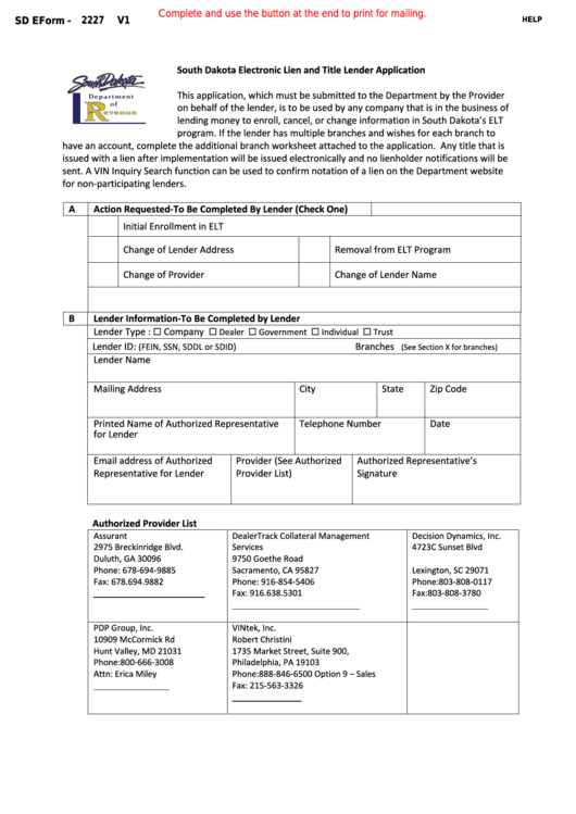 Fillable Form 2227 - South Dakota Electronic Lien And Title Lender Application Printable pdf