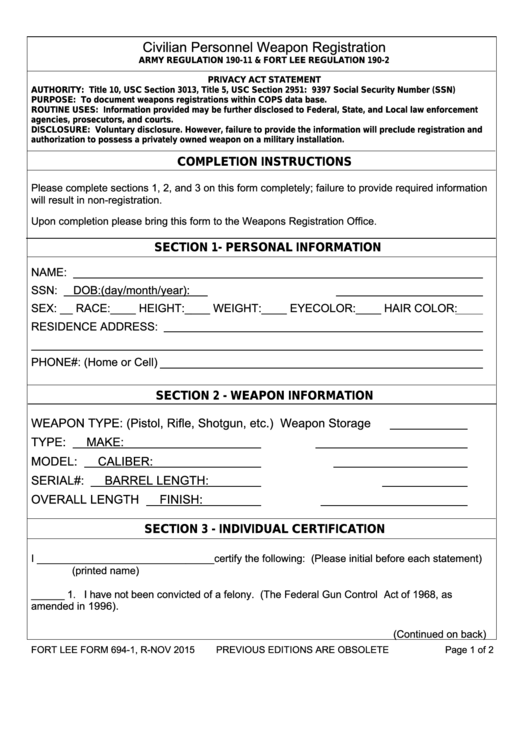 Fort Lee Form 694-1 - Civilian Personnel Weapon Registration Printable pdf