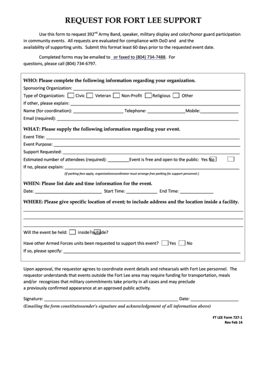 Fillable Ft Lee Form 727-1 - Request For Fort Lee Support Printable pdf