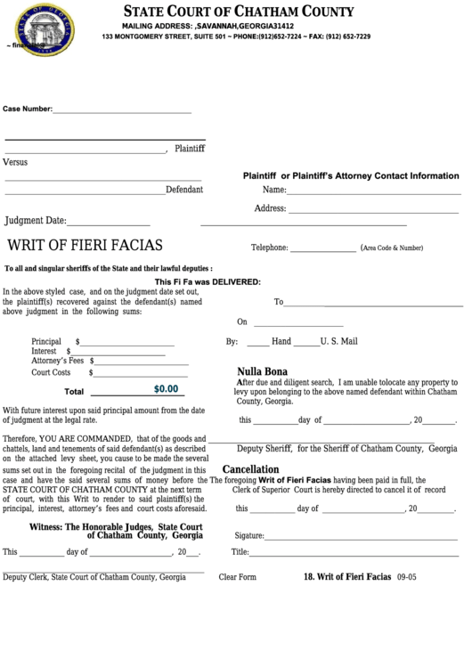 Fillable Writ Of Fieri Facias - Chatham County Court Printable pdf