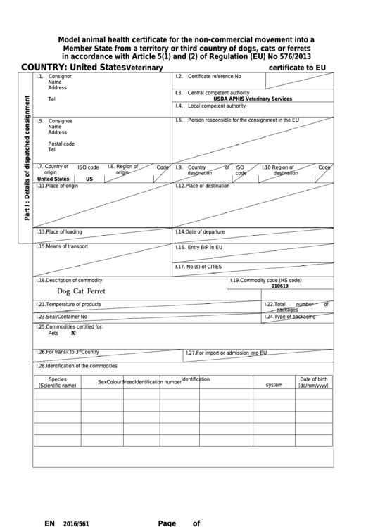 Fillable Model Animal Health Certificate For The Non-Commercial Movement Template Printable pdf