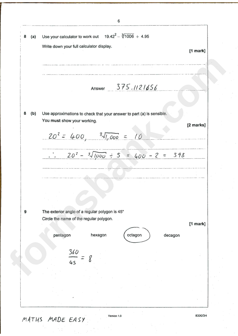 Aqa Gcse Mathematics Specification (8300/3h) With Answer Key - 2015