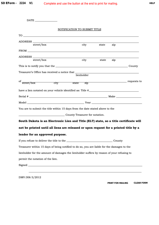 Fillable Form 2224 - South Dakota Notification To Submit Title Printable pdf
