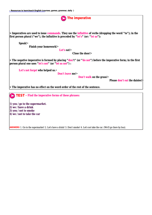 The Imperative English Grammar Cheat Sheet With Answers Printable pdf
