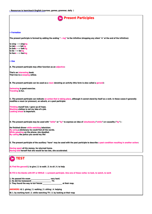 Present Participles English Grammar Cheat Sheet/test With Answers Printable pdf