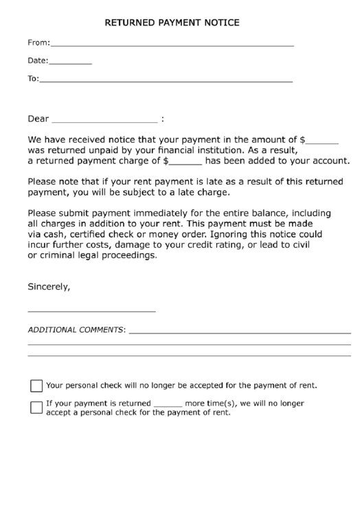 Returned Payment Notice Printable pdf