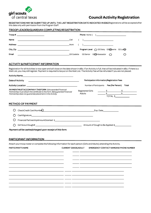 Fillable Council Activity Registration - Girl Scouts Of Central Texas Printable pdf