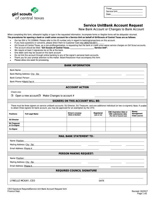 Fillable Service Unit Bank Account Request Form - Girl Scouts Of Central Texas Printable pdf
