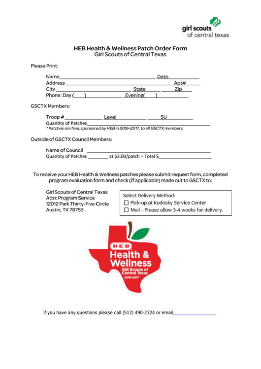 Heb Health & Wellnes Patch Order Form - Girl Scouts Of Central Texas Printable pdf