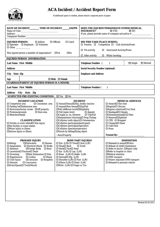 Aca Incident / Accident Report Form Printable pdf