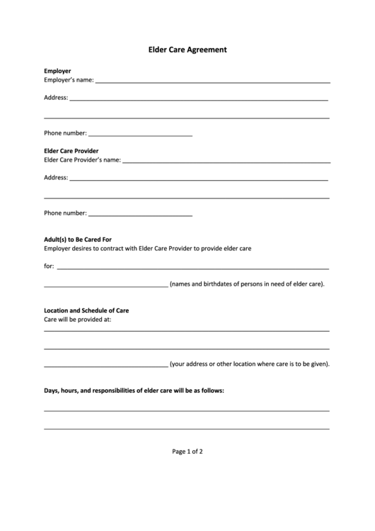 Elder Care Agreement Template Printable pdf
