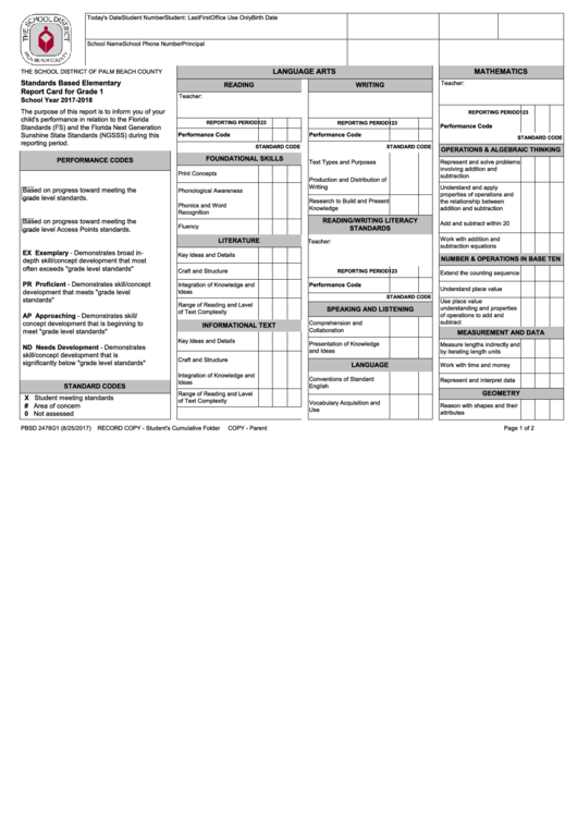 Fillable Standards Based Elementary Report Card For Grade 1 - 2017/2018 Printable pdf