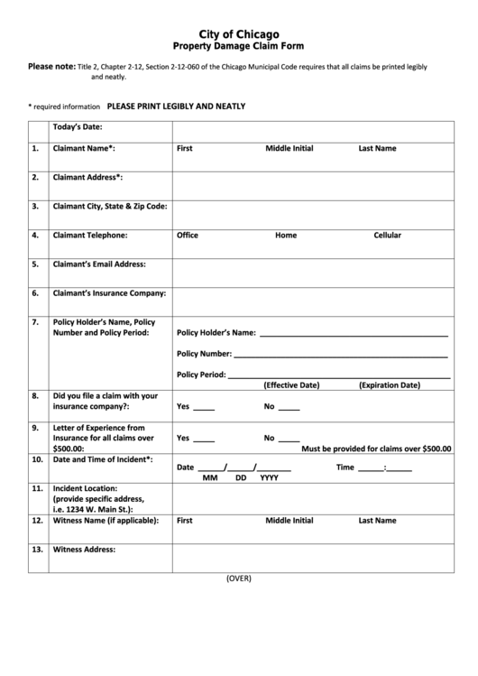 Property Damage Claim Form City Of Chicago Printable Pdf Download