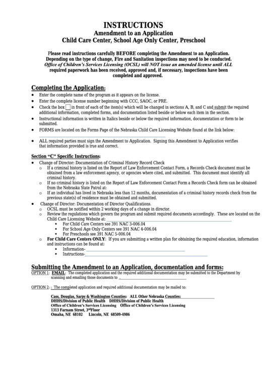 Amendment To An Application Child Care Center, School Age Only Center, Or Preschool Printable pdf