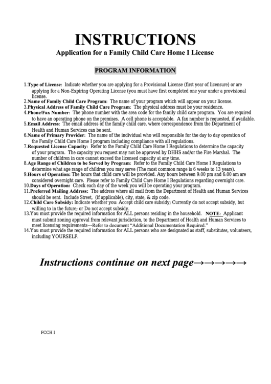 Application For A Family Child Care Home I License Printable pdf