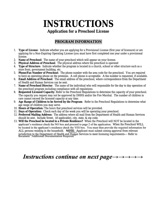 Fillable Application For A Preschool License - Nebraska Dhhs/division Of Public Health Printable pdf