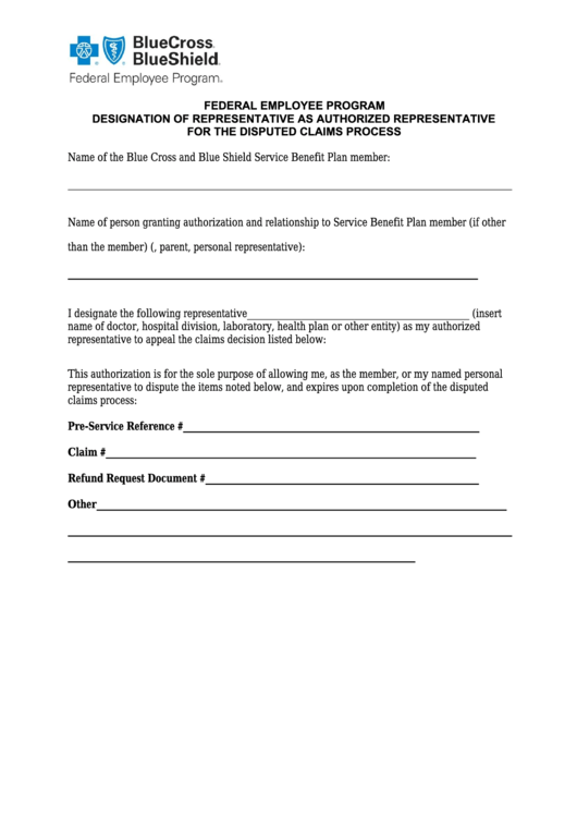 Designation Of Representative As Authorized Representative For The Disputed Claims Process Form Printable pdf