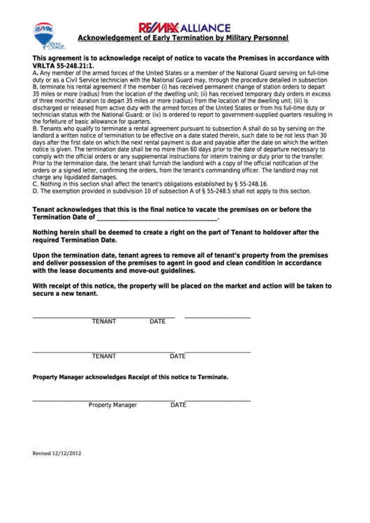 Fillable Acknowledgement Of Early Termination By Military Personnel Printable pdf