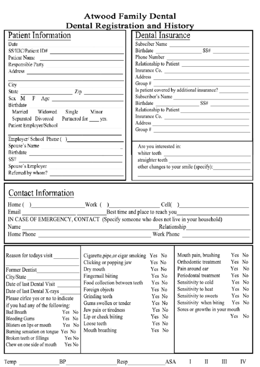Dental Registration And History Form Printable pdf
