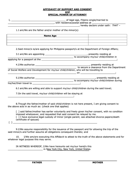 Fillable Affidavit Of Support And Consent And Special Power Of Attorney Printable pdf