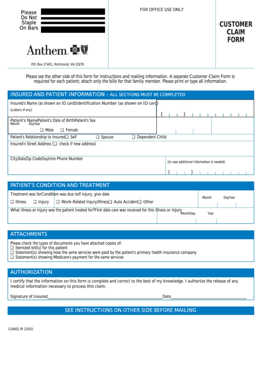 Form 110602 - Customer Claim Form Printable pdf