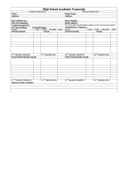 High School Academic Transcript Form Printable pdf