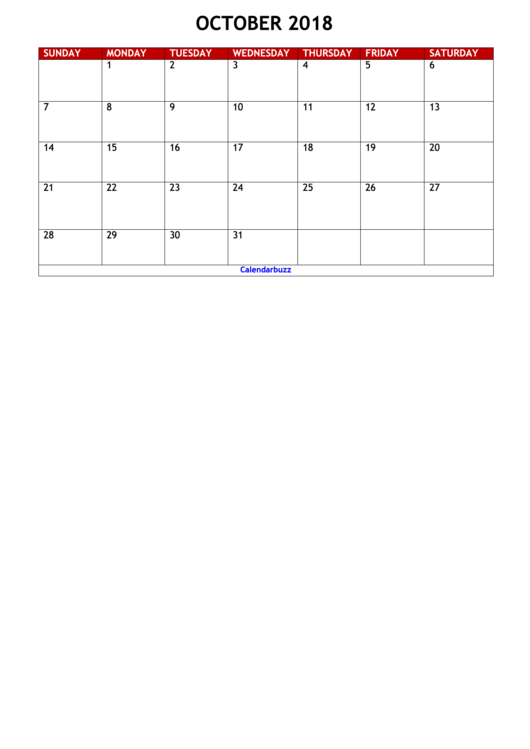 October 2018 Calendar Template - Calendarbuzz