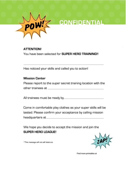 Super Hero Training Invitation Template Printable pdf