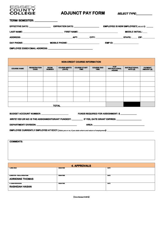 Fillable Adjunct Pay Form Printable pdf