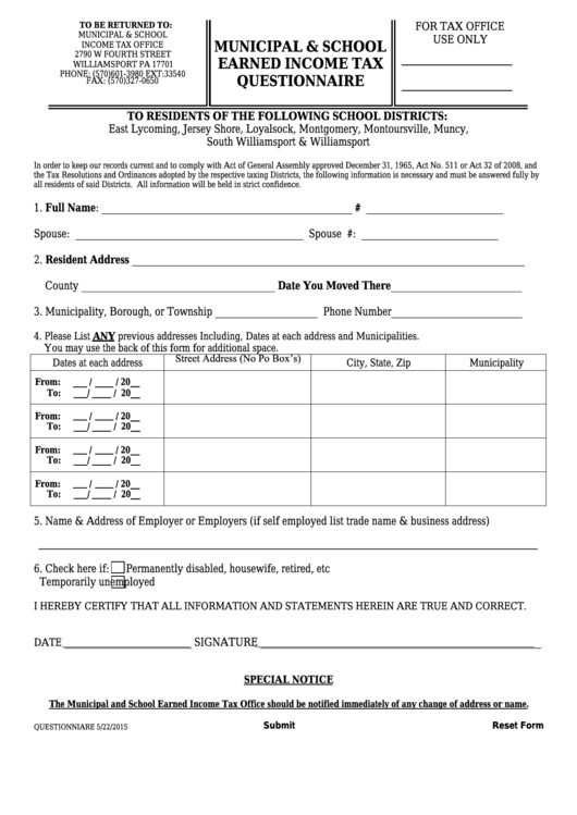 Fillable Municipal & School Earned Income Tax Questionnaire - Pennsylvania Municipal & School Income Tax Office Printable pdf