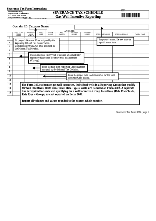 Severance Tax Schedule (Severance Tax Form 3002) - Gas Well Incentive Reporting Printable pdf