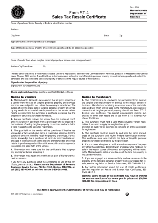 Form St-4 - Sales Tax Resale Certificate Printable pdf