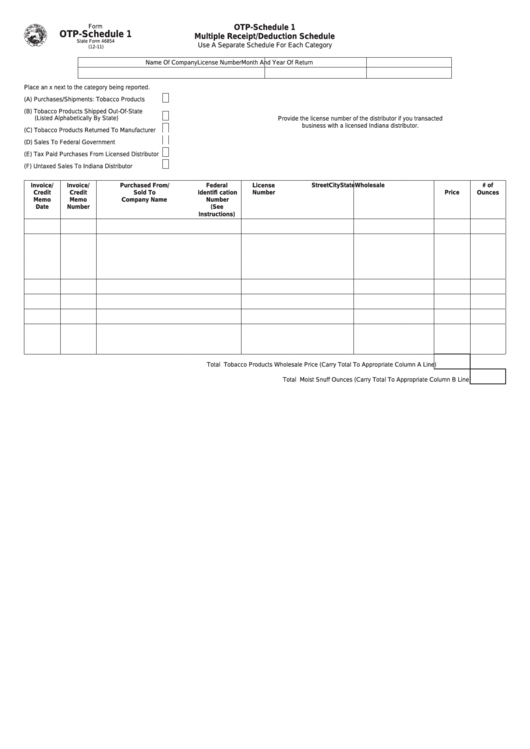Fillable Form Otp-Schedule 1 - Multiple Receipt/deduction Schedule Printable pdf