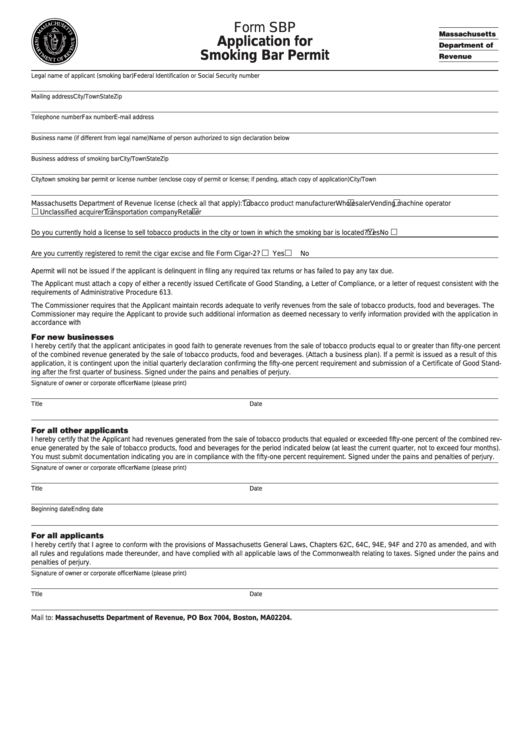 Form Sbp - Application For Smoking Bar Permit Printable pdf