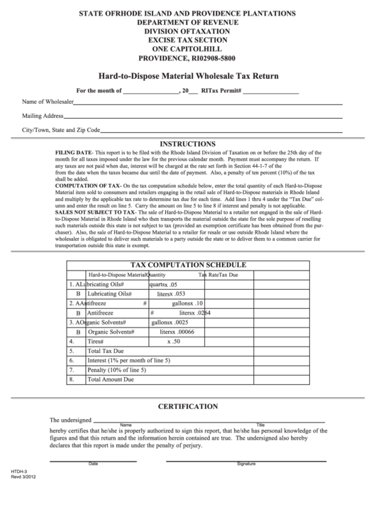 Form Htdh-3 - Hard-To-Dispose Material Wholesale Tax Return Printable pdf