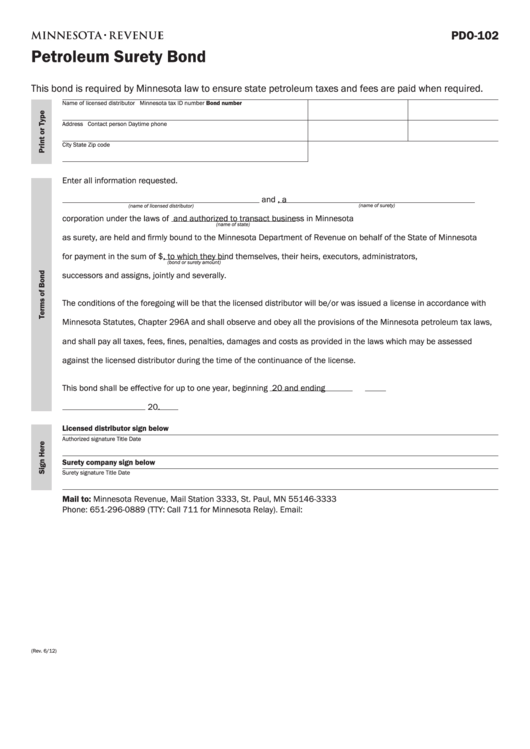 Fillable Form Pdo-102 - Petroleum Surety Bond Printable pdf