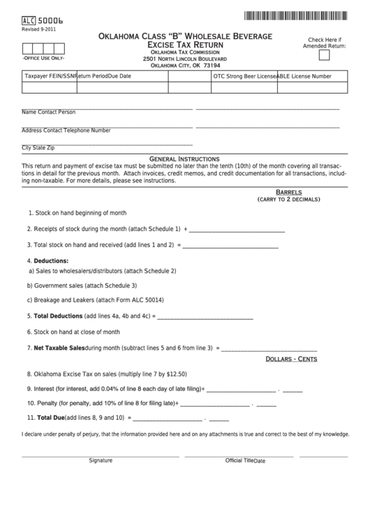 Fillable Form Alc 50006 - Oklahoma Class "B" Wholesale Beverage Excise Tax Return Printable pdf