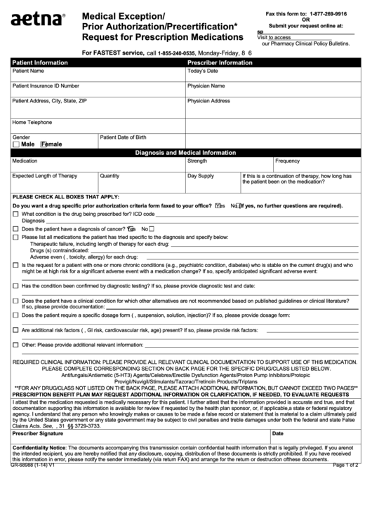 Fillable Form Gr-68988 - Medical Exception/ Prior Authorization/precertification Request For Prescription Medications Printable pdf