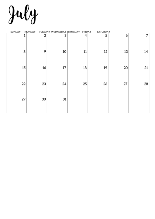 July 2018 Calendar Template Printable pdf