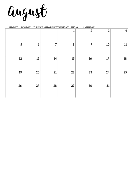 August 2018 Calendar Template Printable pdf